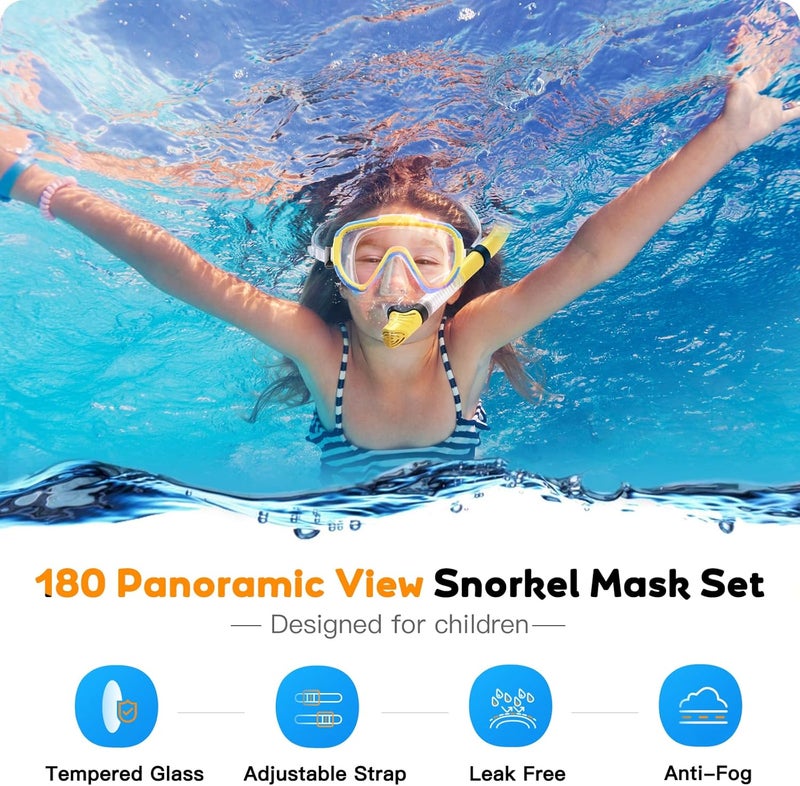 Seovediary Kids Snorkel Set, Anti-Fog Panoramic Tempered Glass Kids Snorkel mask, Anti-Leak Scuba Diving Mask with Mesh Bag, Dry Top Snorkeling Gear for Kids and Youth Age 4-16 - Image 2